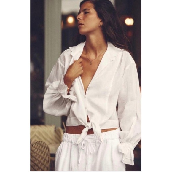 Zara Tops - Zara White Ramie Tie Front Crop Blouse Ruffle Cuff Long Sleeve L Boho Feminine